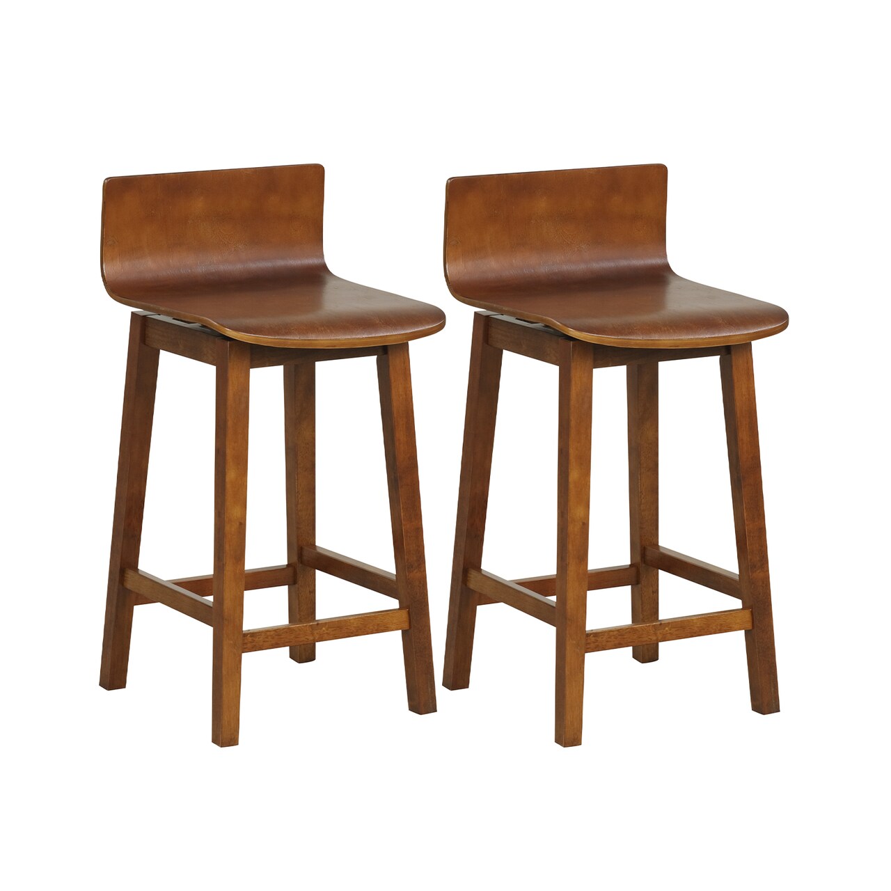 Set of 2 24.5" Swivel Wooden Bar Stools with Low Back and Rubberwood Legs